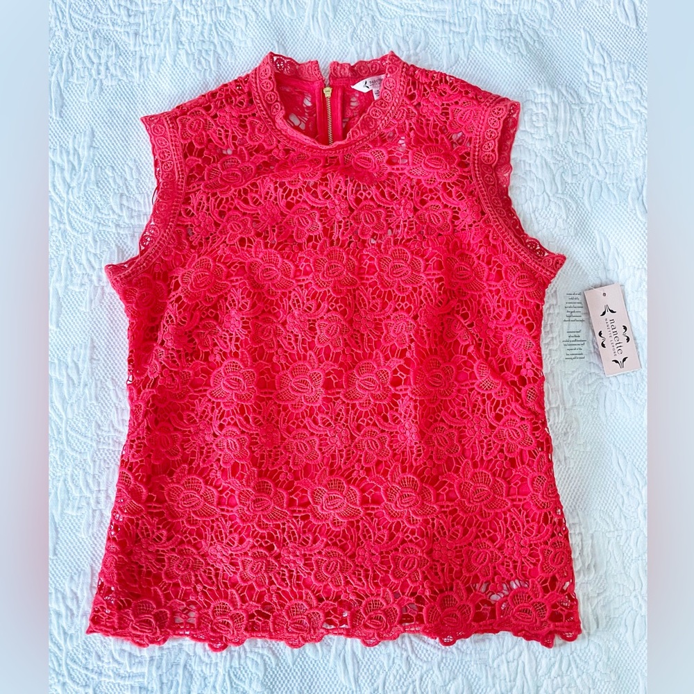 NWT Nanette Lepore Coralicious Rose Crochet Lace Mock Neck Sleeveless Top Size M